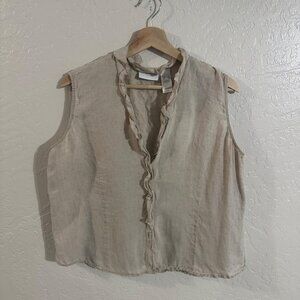 Liz Claiborne 100% Linen Short Sleeved Tan Ruffle Detail Casual Tank Top Blouse